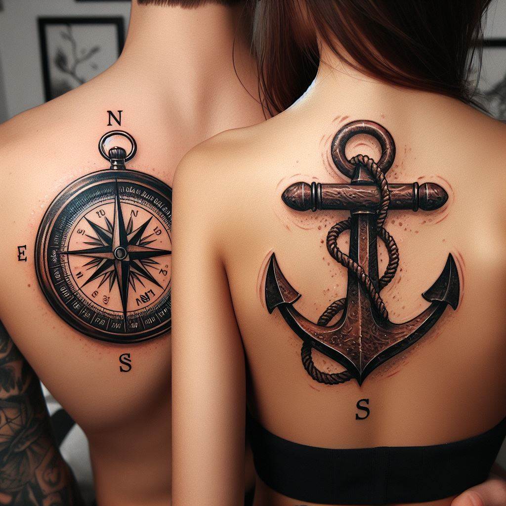 A compass tattoo on one friend's upper back and a matching anchor tattoo on the other friend's upper back, near the shoulder blade. These nautical symbols represent guidance, stability, and the idea of being each other's anchor and direction in life. The compass should include a detailed needle pointing towards a meaningful direction, while the anchor is designed with a rope entwined around it, symbolizing strength and security. Both tattoos are rendered in a realistic style with subtle shading to add depth.