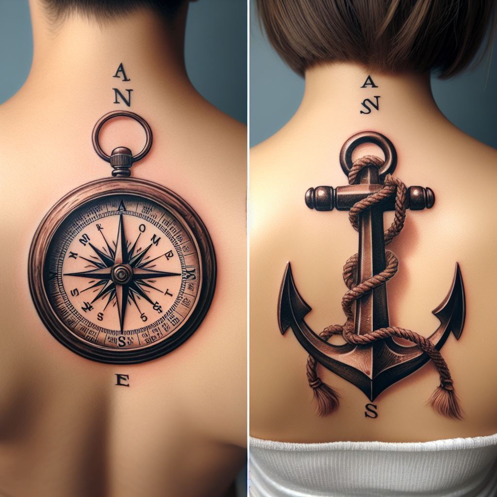 A compass tattoo on one friend's upper back and a matching anchor tattoo on the other friend's upper back, near the shoulder blade. These nautical symbols represent guidance, stability, and the idea of being each other's anchor and direction in life. The compass should include a detailed needle pointing towards a meaningful direction, while the anchor is designed with a rope entwined around it, symbolizing strength and security. Both tattoos are rendered in a realistic style with subtle shading to add depth.