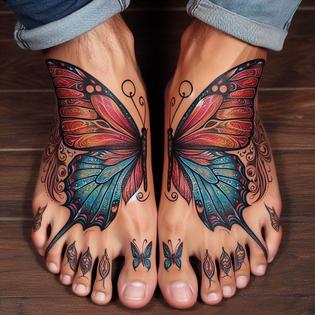 Matching butterfly wing tattoos, with each friend having one half of the wings spread across the tops of their feet, so that when they stand together, the wings complete each other, forming a whole butterfly. This concept symbolizes transformation, freedom, and the beautiful journey of their friendship. The wings should be colorful and detailed, with intricate patterns that reflect their individual personalities while forming a cohesive design when united.