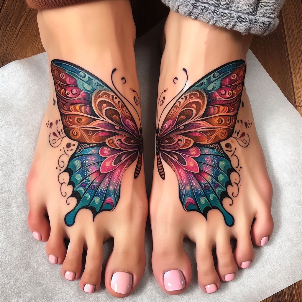 Matching butterfly wing tattoos, with each friend having one half of the wings spread across the tops of their feet, so that when they stand together, the wings complete each other, forming a whole butterfly. This concept symbolizes transformation, freedom, and the beautiful journey of their friendship. The wings should be colorful and detailed, with intricate patterns that reflect their individual personalities while forming a cohesive design when united.