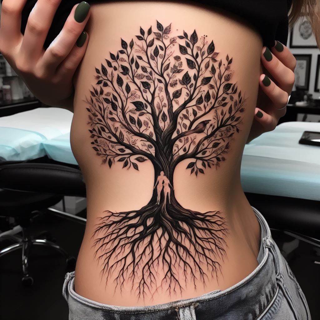 A Tree of Life tattoo that starts from one friend's left ribcage and extends to the other friend's right ribcage, symbolizing growth, strength, and the interconnectedness of their lives. When standing side by side, the tree appears whole, with roots entwined and branches reaching out towards each other. The design should be detailed with leaves, branches, and roots that represent the beauty and complexity of their friendship, executed in a blend of black ink and subtle green shades for a natural and timeless look.