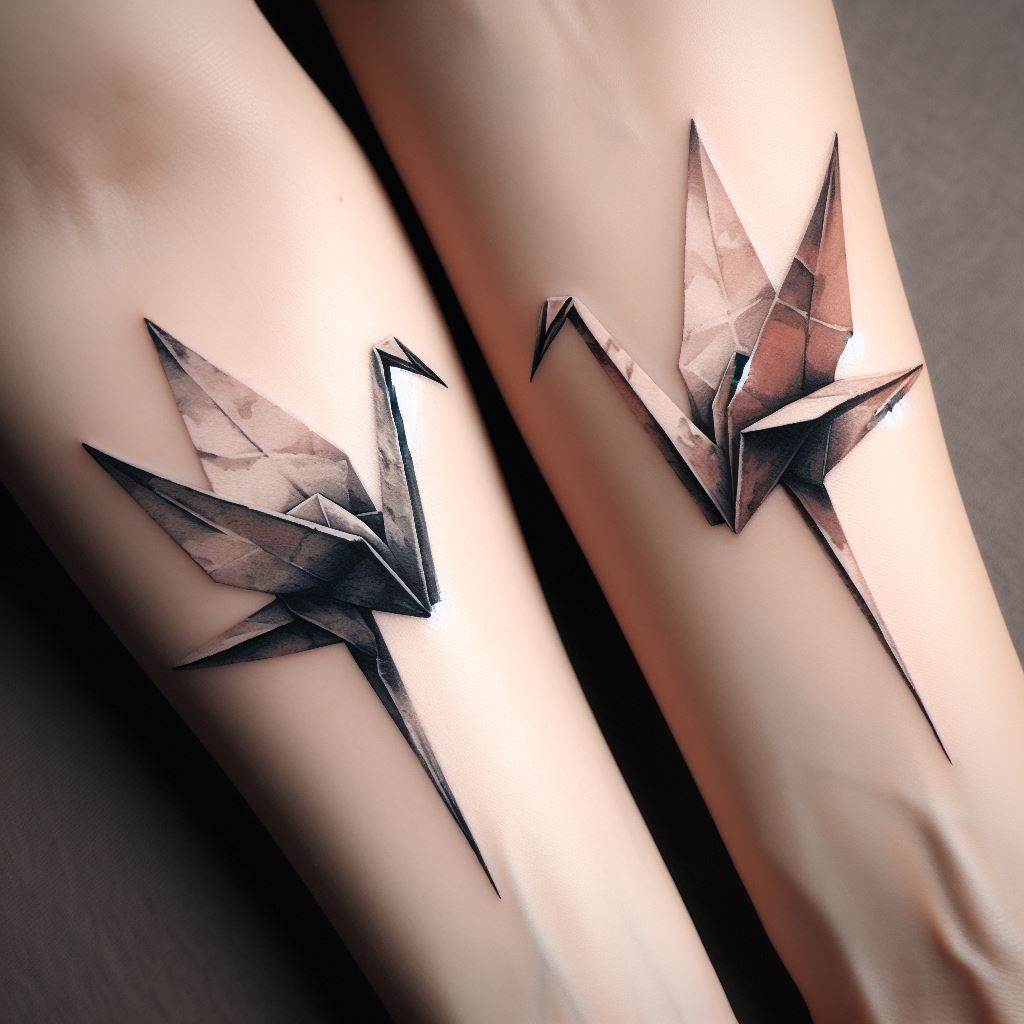 Two origami crane tattoos, symbolizing hope and healing, placed on the outer side of each friend's lower arm, near the wrist. The cranes face each other, as if in mid-flight towards one another, representing the journey and growth they share. Each crane should be detailed with delicate folds, showcasing the artistry of origami, and inked in a soft, watercolor style that blends subtle hues to add depth and movement.