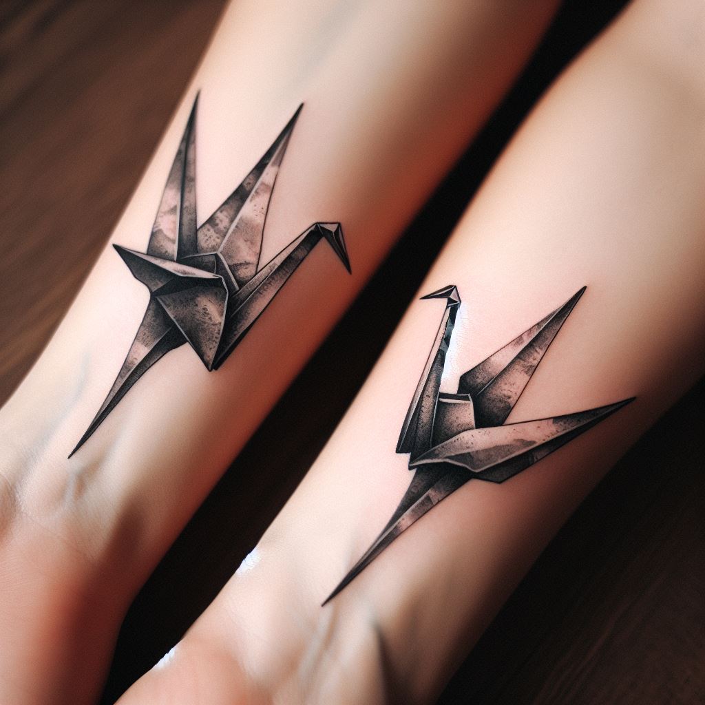Two origami crane tattoos, symbolizing hope and healing, placed on the outer side of each friend's lower arm, near the wrist. The cranes face each other, as if in mid-flight towards one another, representing the journey and growth they share. Each crane should be detailed with delicate folds, showcasing the artistry of origami, and inked in a soft, watercolor style that blends subtle hues to add depth and movement.