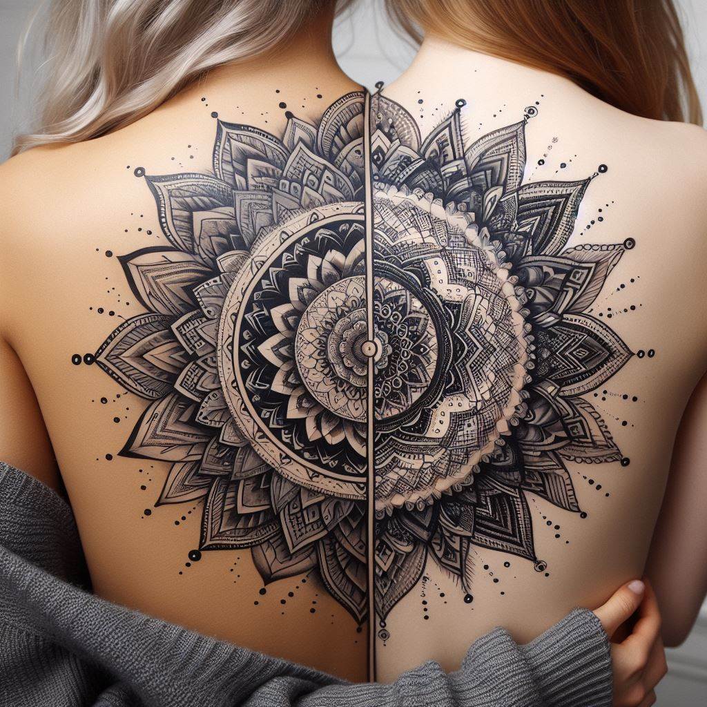 A mandala design divided across the shoulder blades of two best friends, with each half on one person's shoulder. When they stand side by side, the mandala completes, symbolizing unity and harmony. The design features intricate patterns, geometric shapes, and dot work, creating a stunning visual effect. The mandala is inked in black and grey, with occasional bursts of color at key intersections to highlight the connection between the two halves.