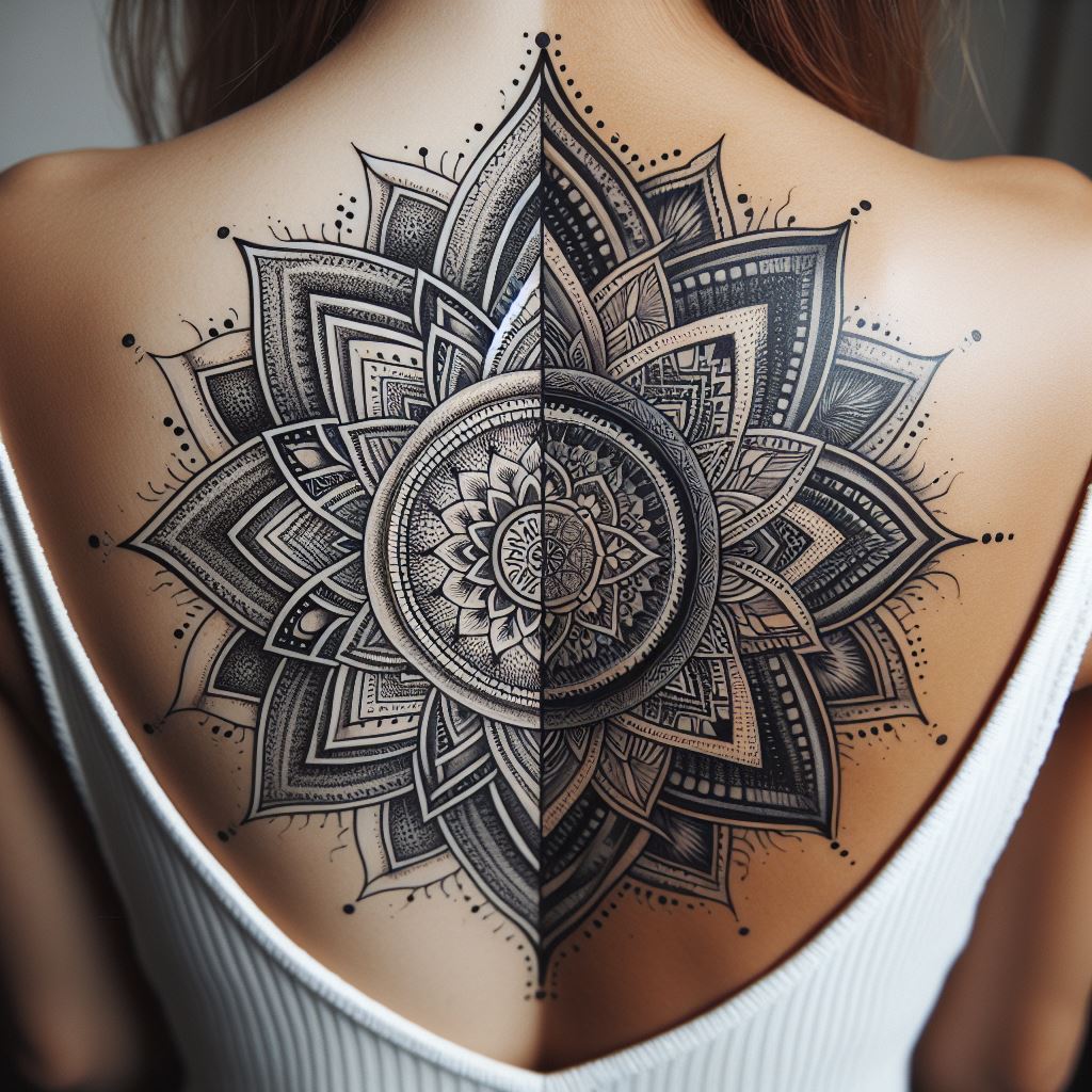 A mandala design divided across the shoulder blades of two best friends, with each half on one person's shoulder. When they stand side by side, the mandala completes, symbolizing unity and harmony. The design features intricate patterns, geometric shapes, and dot work, creating a stunning visual effect. The mandala is inked in black and grey, with occasional bursts of color at key intersections to highlight the connection between the two halves.