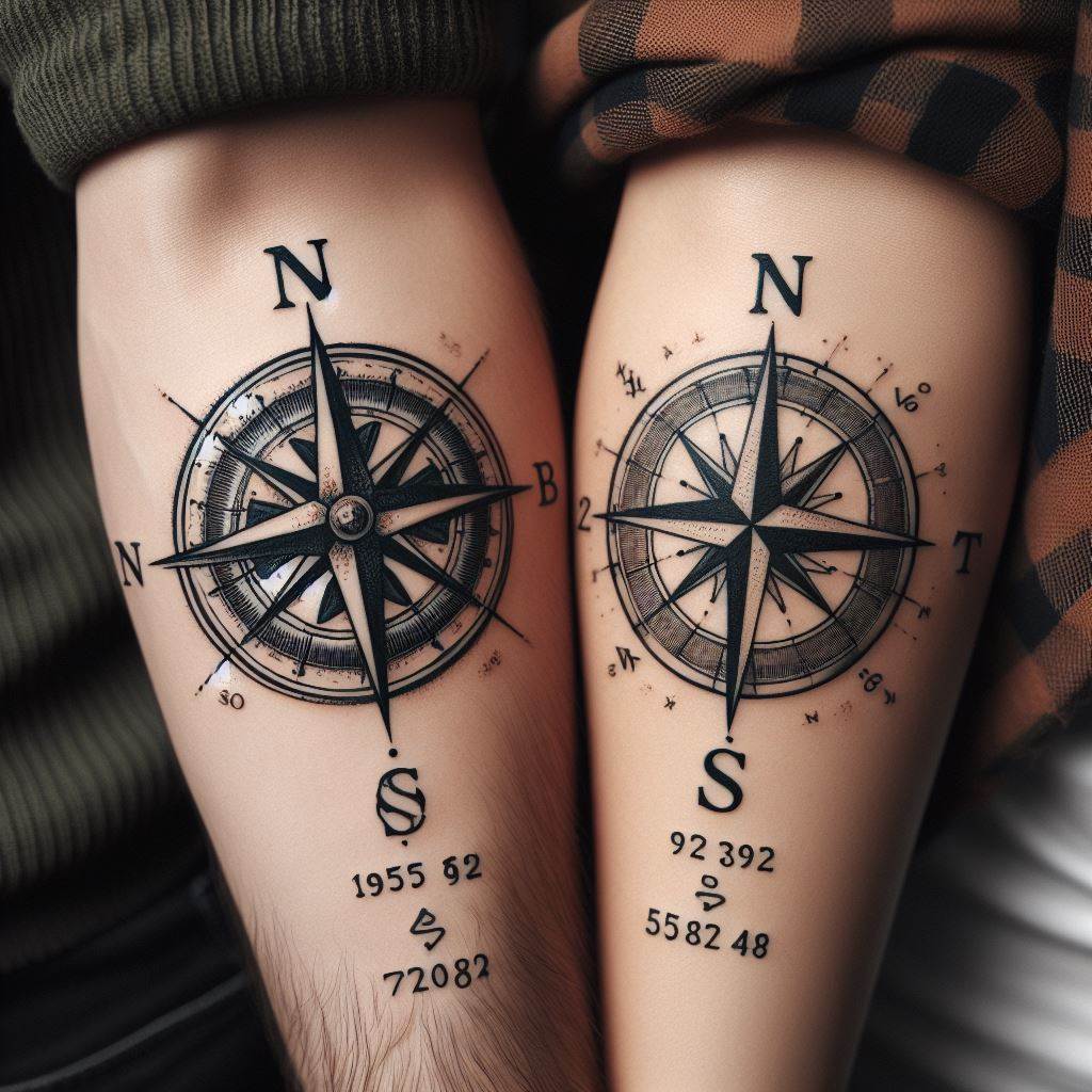 A compass rose tattoo on one friend's inner bicep and the map coordinates of a significant location to both friends on the other's inner bicep. The compass rose is detailed with cardinal directions and a vintage aesthetic, while the coordinates are written in a classic, elegant font. This pairing symbolizes their journey together and the special places they've shared, rendered in black ink for a timeless look.