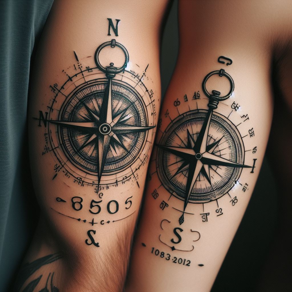 A compass rose tattoo on one friend's inner bicep and the map coordinates of a significant location to both friends on the other's inner bicep. The compass rose is detailed with cardinal directions and a vintage aesthetic, while the coordinates are written in a classic, elegant font. This pairing symbolizes their journey together and the special places they've shared, rendered in black ink for a timeless look.