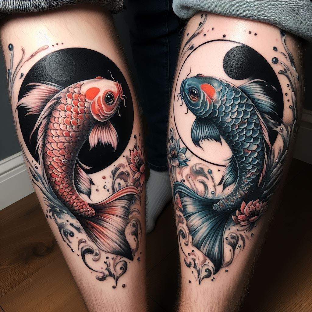 Yin yang koi fish tattoos, located on the calves, with one koi on each friend's leg. The design merges the yin yang symbol with the fluid form of the koi fish, representing balance, perseverance, and the complementary nature of their friendship. The koi are designed with intricate scales and flowing fins, incorporating elements of water and lotus flowers to add depth and meaning. The tattoos use a mix of black, white, and vibrant colors to bring the dynamic and harmonious design to life.
