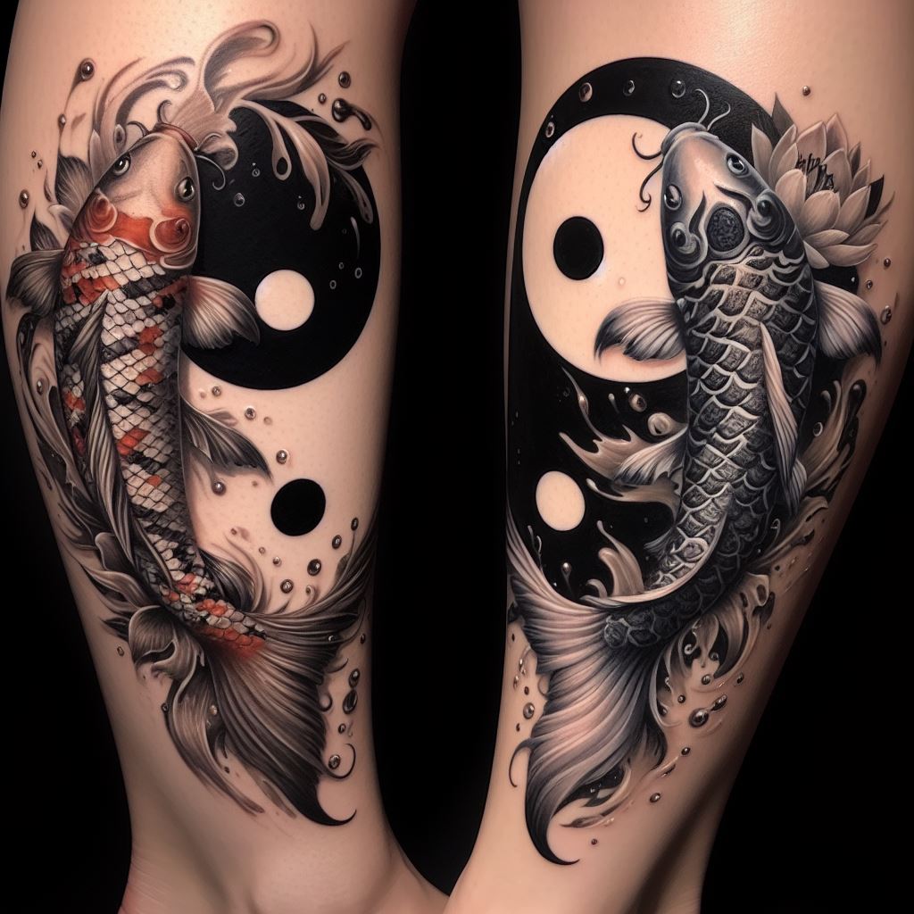 Yin yang koi fish tattoos, located on the calves, with one koi on each friend's leg. The design merges the yin yang symbol with the fluid form of the koi fish, representing balance, perseverance, and the complementary nature of their friendship. The koi are designed with intricate scales and flowing fins, incorporating elements of water and lotus flowers to add depth and meaning. The tattoos use a mix of black, white, and vibrant colors to bring the dynamic and harmonious design to life.