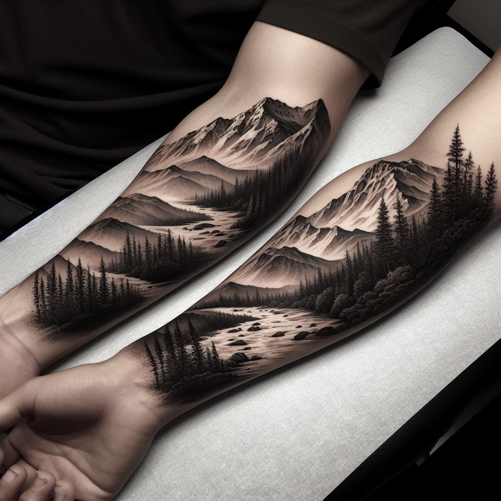 A continuous landscape tattoo that spans across the forearms of two best friends, starting from one's wrist and ending at the other's elbow. The landscape features a mountain range, a flowing river, and a forest, representing their shared adventures and the journey of their friendship. The scenery transitions smoothly from one arm to the other, with detailed shading and realistic textures to capture the beauty of nature. The tattoo is rendered in black and grey, with touches of green and blue to subtly color the trees and water.