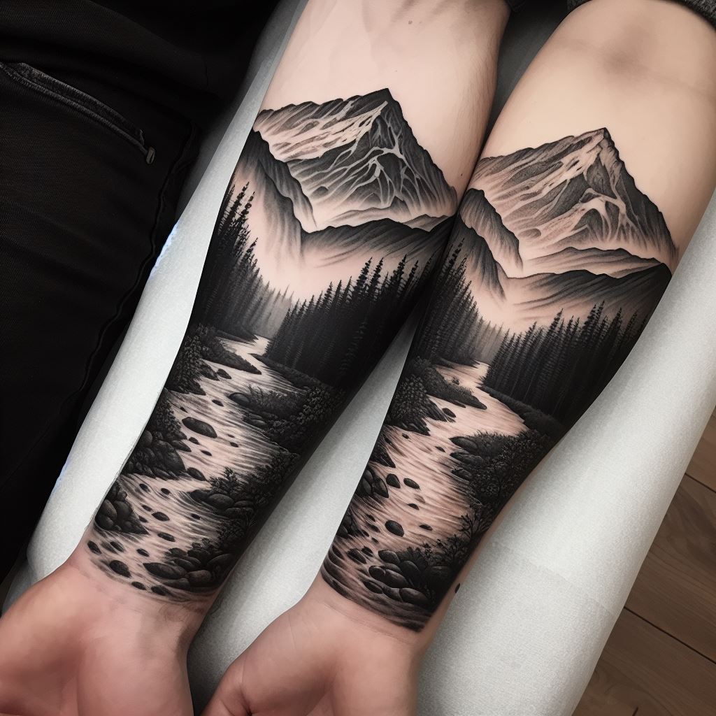 A continuous landscape tattoo that spans across the forearms of two best friends, starting from one's wrist and ending at the other's elbow. The landscape features a mountain range, a flowing river, and a forest, representing their shared adventures and the journey of their friendship. The scenery transitions smoothly from one arm to the other, with detailed shading and realistic textures to capture the beauty of nature. The tattoo is rendered in black and grey, with touches of green and blue to subtly color the trees and water.