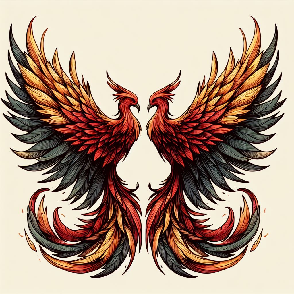 A pair of stylized phoenix wings, with each friend bearing one wing on their back shoulder, symbolizing rebirth, resilience, and the enduring nature of their friendship. When standing together, the wings appear as a complete phoenix ready to take flight, embodying their shared triumphs over challenges. The wings should be intricately detailed with feathers, inked in shades of fiery reds, oranges, and yellows, against a backdrop of soft black outlines to emphasize the majestic form of the phoenix.