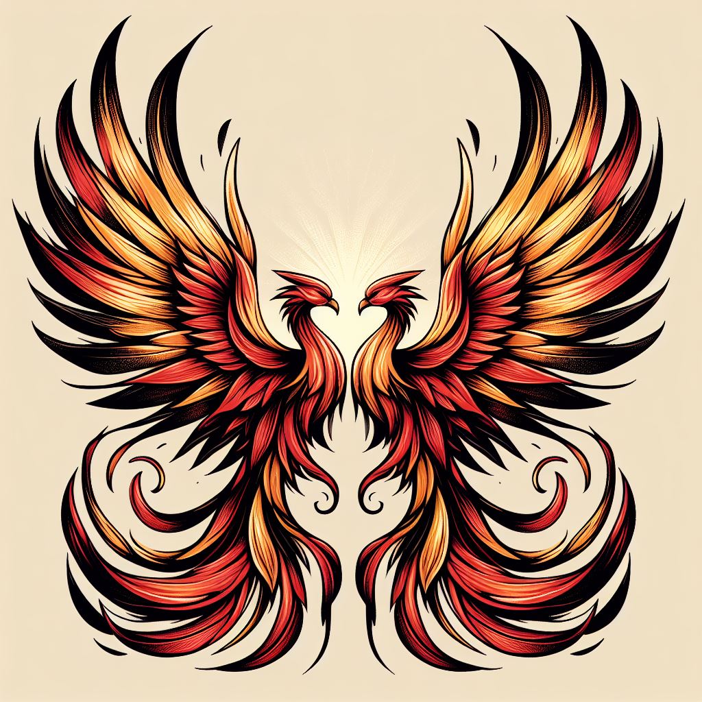 A pair of stylized phoenix wings, with each friend bearing one wing on their back shoulder, symbolizing rebirth, resilience, and the enduring nature of their friendship. When standing together, the wings appear as a complete phoenix ready to take flight, embodying their shared triumphs over challenges. The wings should be intricately detailed with feathers, inked in shades of fiery reds, oranges, and yellows, against a backdrop of soft black outlines to emphasize the majestic form of the phoenix.