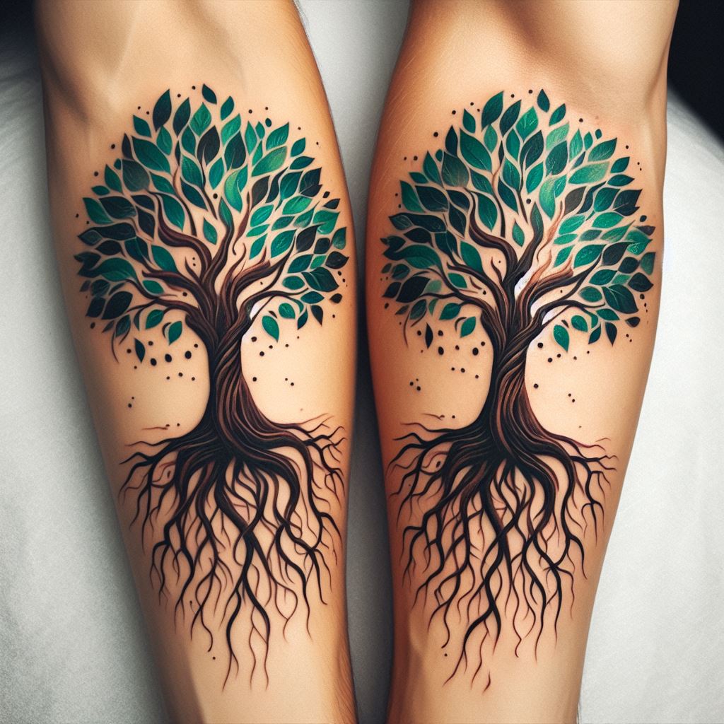 Two trees, each tattooed on the upper arm of each friend, with roots that visually entwine at the base, symbolizing their growth and interconnected lives. The trees should mirror each other in shape and size, with leaves fluttering in an unseen breeze, representing the dynamic and evolving nature of their friendship. The design uses deep greens and browns, with a touch of black for contrast, creating a vivid and natural look.