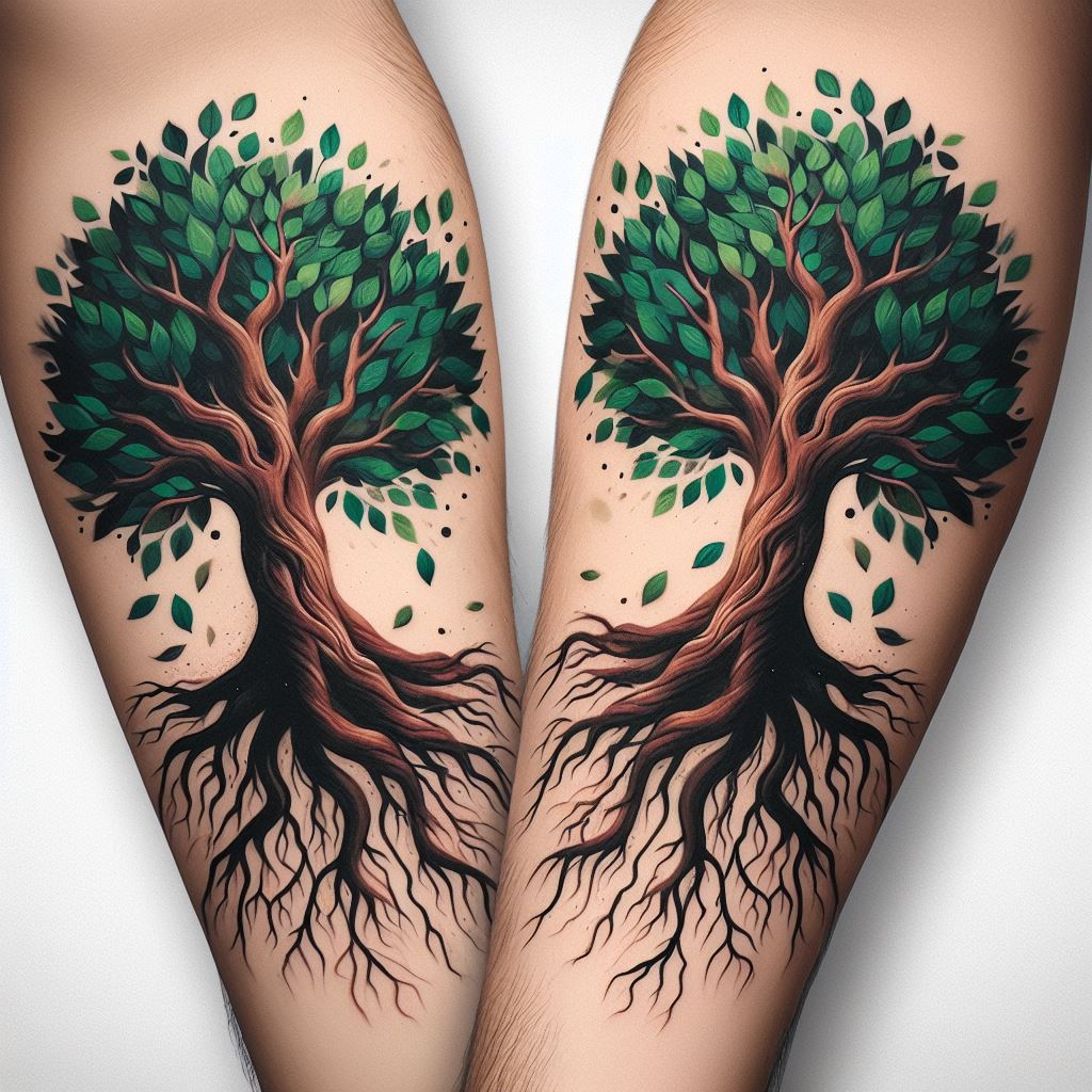 Two trees, each tattooed on the upper arm of each friend, with roots that visually entwine at the base, symbolizing their growth and interconnected lives. The trees should mirror each other in shape and size, with leaves fluttering in an unseen breeze, representing the dynamic and evolving nature of their friendship. The design uses deep greens and browns, with a touch of black for contrast, creating a vivid and natural look.