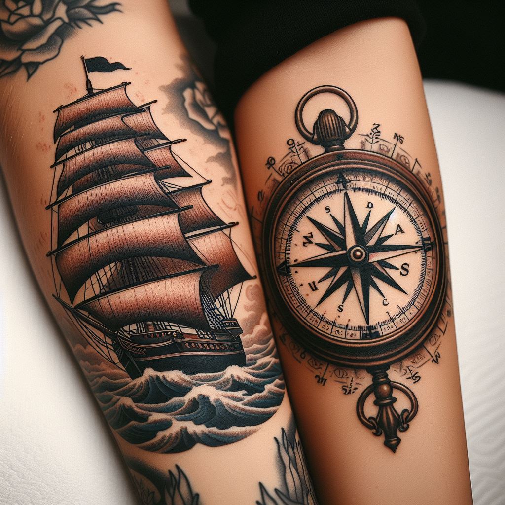 A sailing ship on one friend's forearm and a nautical compass on the other's, representing their adventure through life's tumultuous seas and the guidance they provide each other. The ship should be detailed with billowing sails and the ocean's waves, while the compass includes cardinal points and a vintage design. Both tattoos are rendered in a traditional style with bold lines and classic shading, symbolizing their steadfast journey together.