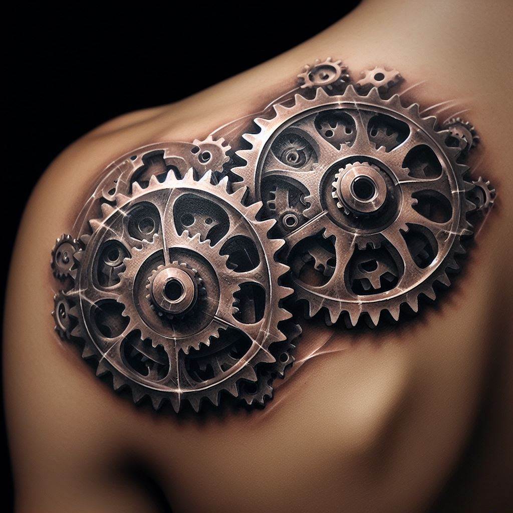 Interlocking gears, each located on a shoulder, symbolizing the way the friends work together in harmony and support. The gears should appear as if they could turn together, with intricate details such as cogs and teeth, highlighting their perfect fit and unity. The tattoo uses metallic shades of grey and silver, with shadows and highlights to create a three-dimensional effect.