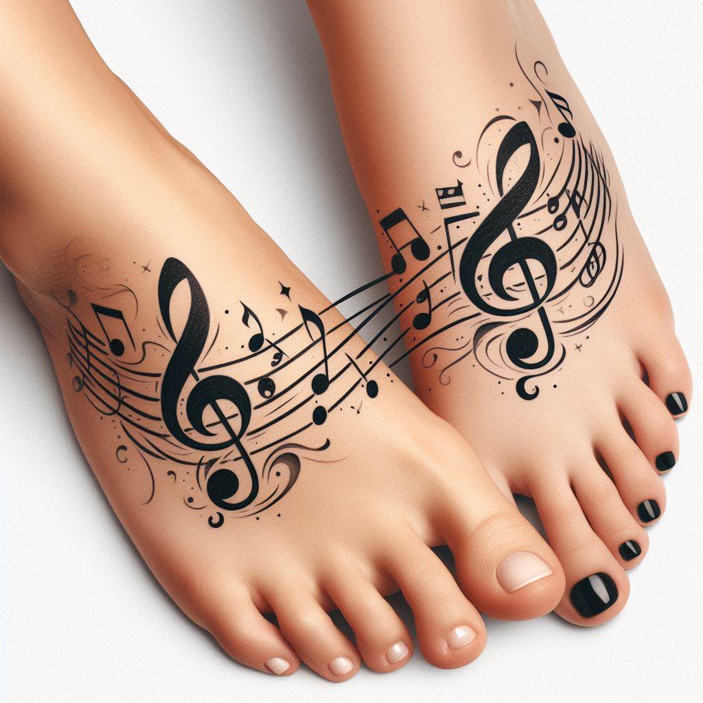 Musical notes and clefs that form a harmonious melody, starting from one friend's ankle and wrapping around to the other's, symbolizing their synchronized life rhythms and shared love for music. The musical elements should be gracefully arranged, flowing like a piece of sheet music, with notes that suggest a joyful and uplifting tune. Inked in classic black, the design brings their mutual appreciation for melody and harmony to life.