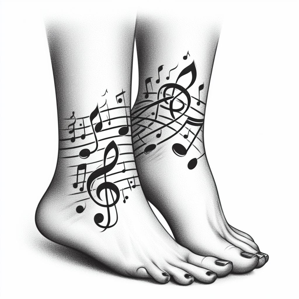Musical notes and clefs that form a harmonious melody, starting from one friend's ankle and wrapping around to the other's, symbolizing their synchronized life rhythms and shared love for music. The musical elements should be gracefully arranged, flowing like a piece of sheet music, with notes that suggest a joyful and uplifting tune. Inked in classic black, the design brings their mutual appreciation for melody and harmony to life.
