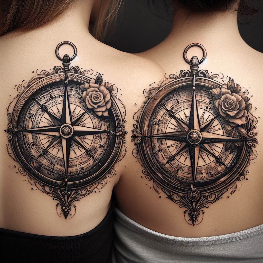 A vintage compass design split into two halves, with one half tattooed on each friend's upper back, near the shoulder. When they stand together, the compass becomes whole, symbolizing guidance, support, and the journey of their friendship. The compass should feature ornate details, such as a rose at the center and intricate filigree around the edges, rendered in black and grey ink with touches of gold to highlight key elements and add a sense of adventure.