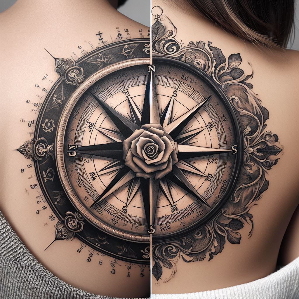 A vintage compass design split into two halves, with one half tattooed on each friend's upper back, near the shoulder. When they stand together, the compass becomes whole, symbolizing guidance, support, and the journey of their friendship. The compass should feature ornate details, such as a rose at the center and intricate filigree around the edges, rendered in black and grey ink with touches of gold to highlight key elements and add a sense of adventure.