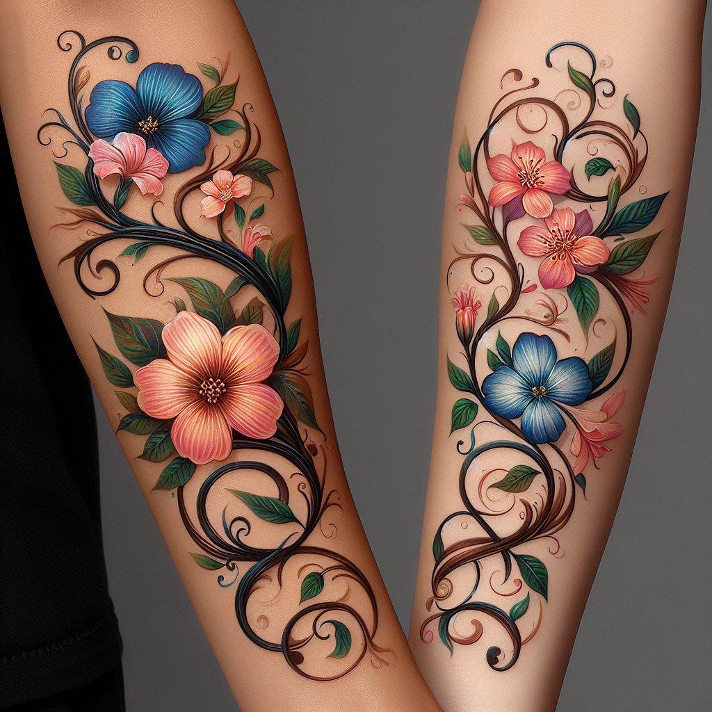 A continuous floral vine tattoo that starts from the wrist of one friend and spirals up the arm, ending on the shoulder, while the other friend has the matching vine starting from their shoulder and winding down to the wrist. The vine should be adorned with flowers and leaves that hold personal significance, symbolizing growth, resilience, and the blooming of their friendship. Render the design in vibrant colors to capture the beauty and diversity of nature, with each flower meticulously detailed to reflect its unique meaning.