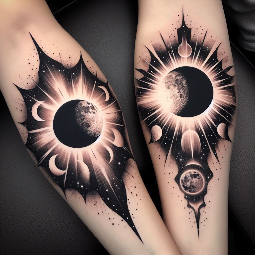 Coordinated tattoos featuring a solar eclipse on one friend's forearm and a lunar eclipse on the other's, placed in similar positions so that when forearms are aligned side by side, it appears as a celestial event. The designs should capture the dramatic interplay of light and shadow, with the sun and moon depicted in stunning detail against a backdrop of stars. Utilize shades of black, white, and grey to convey the ethereal beauty of these astronomical phenomena, symbolizing the balance and cyclical nature of their relationship.