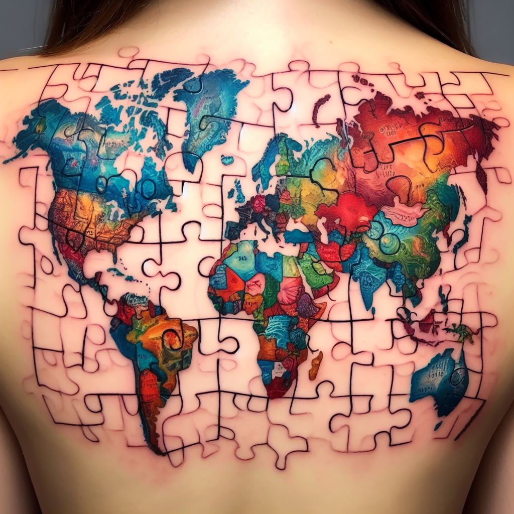 A world map tattoo divided into puzzle pieces, with each piece tattooed on the shoulder of a group of friends. Each piece corresponds to a country or region that holds special memories or dreams for the group. When they stand together, the pieces form a complete world map, symbolizing their shared adventures and the places they've been or wish to explore. The map should be detailed with geographic features and rendered in a watercolor style, blending vibrant colors to represent the diversity and beauty of the world.