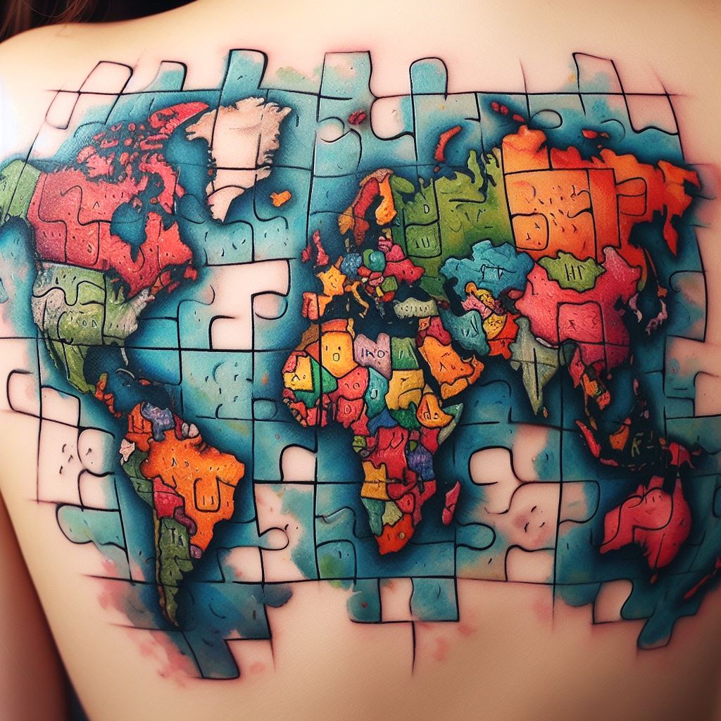 A world map tattoo divided into puzzle pieces, with each piece tattooed on the shoulder of a group of friends. Each piece corresponds to a country or region that holds special memories or dreams for the group. When they stand together, the pieces form a complete world map, symbolizing their shared adventures and the places they've been or wish to explore. The map should be detailed with geographic features and rendered in a watercolor style, blending vibrant colors to represent the diversity and beauty of the world.
