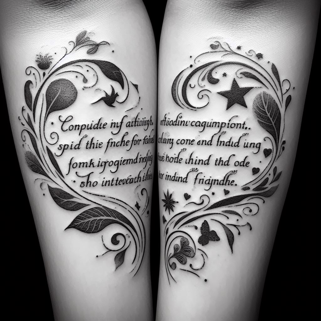 A meaningful quotation split between two friends, tattooed along the inner forearms in an elegant script. Incorporate hidden symbols or imagery within the letters, such as small birds, stars, or flowers, representing shared secrets or inside jokes. The design combines the power of words with visual storytelling, creating a deeply personal and interconnected piece that becomes fully revealed only when they are together, symbolizing the depth and layers of their friendship.