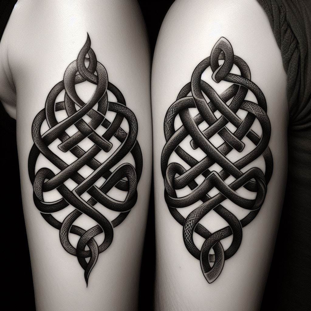 Matching tattoos of interwoven Celtic knots, symbolizing eternal friendship and the unbreakable bond between souls, placed on the upper arms. The knots should be designed with intricate loops and patterns, representing the complex and intertwined paths of their lives. The artwork is rendered in black ink, with shading to add depth and texture, capturing the strength and endurance of their connection.