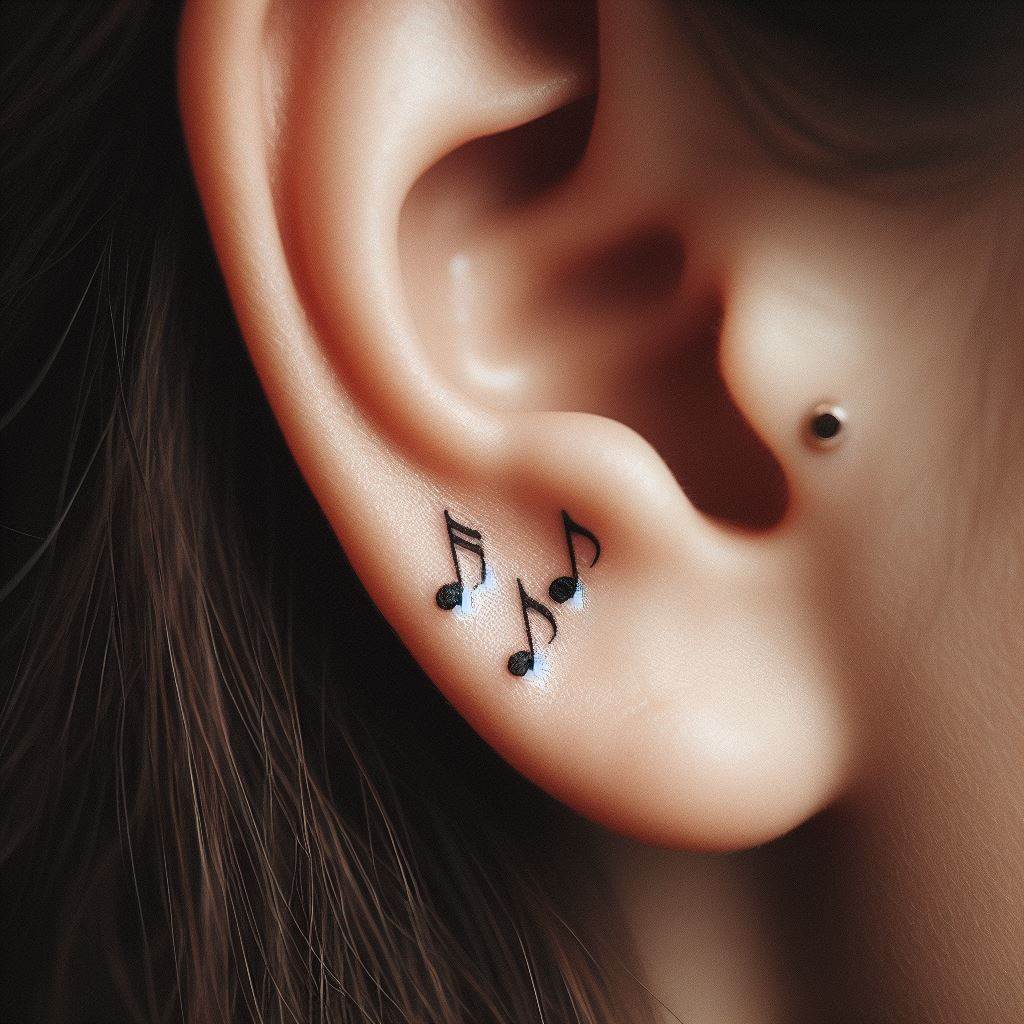 Small, harmonizing musical notes or a short musical score tattooed behind the ear, representing the friends' shared love for music or a song that holds special significance in their relationship. The design should be delicate and minimalist, allowing the simplicity of the notes to convey their deep emotional resonance and harmony when together.