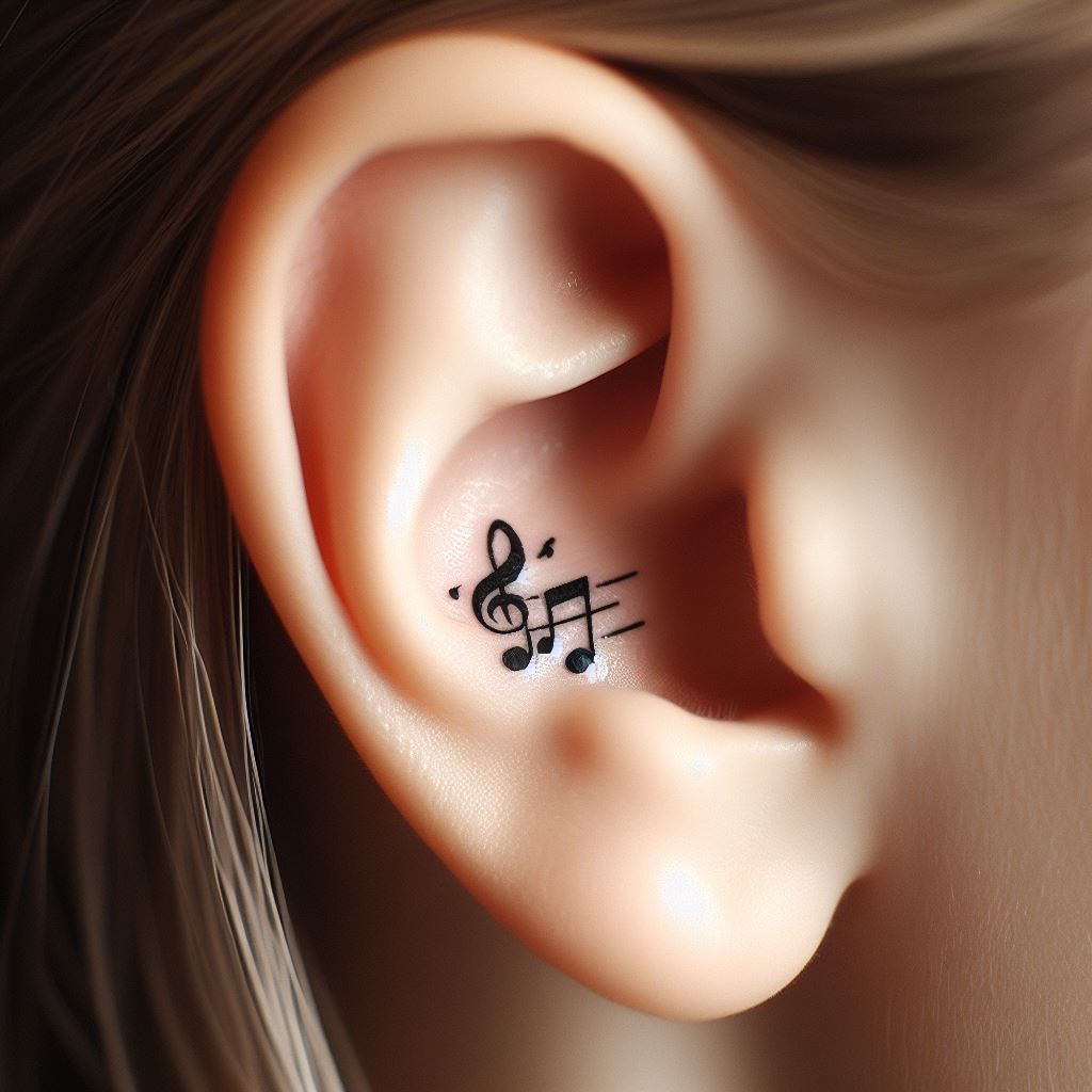 Small, harmonizing musical notes or a short musical score tattooed behind the ear, representing the friends' shared love for music or a song that holds special significance in their relationship. The design should be delicate and minimalist, allowing the simplicity of the notes to convey their deep emotional resonance and harmony when together.