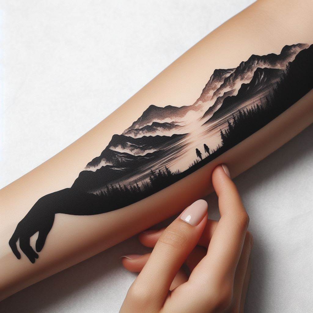A serene landscape silhouette, such as a mountain range or a skyline, that starts on one friend's forearm and seamlessly continues onto the other's, symbolizing their shared journey and adventures. The landscape should be detailed with subtle gradients and textures to mimic the natural beauty of the terrain, using black and grey ink to create a striking contrast against the skin.