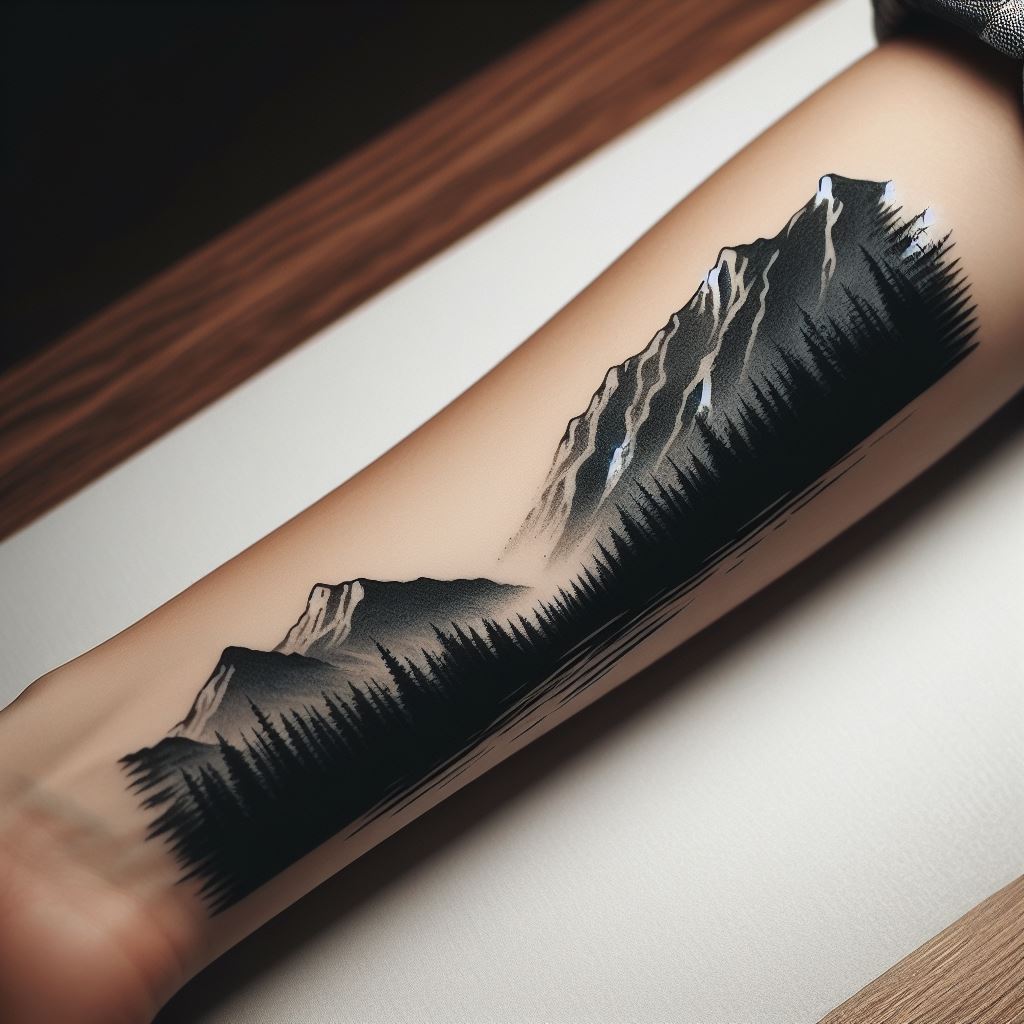 A serene landscape silhouette, such as a mountain range or a skyline, that starts on one friend's forearm and seamlessly continues onto the other's, symbolizing their shared journey and adventures. The landscape should be detailed with subtle gradients and textures to mimic the natural beauty of the terrain, using black and grey ink to create a striking contrast against the skin.