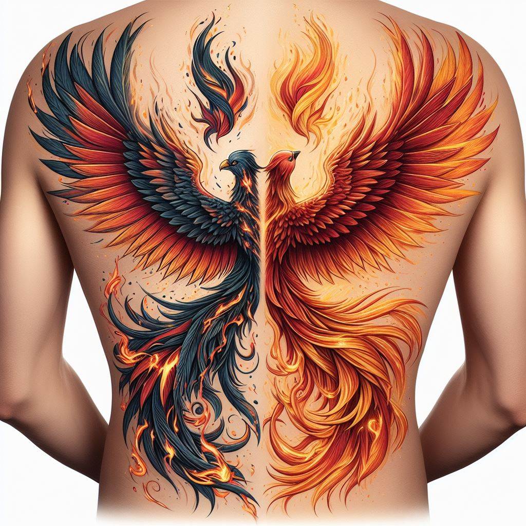 A majestic phoenix rising from ashes, split between the backs of two best friends. One half of the phoenix is tattooed on one friend's back, and the other half on the other's, symbolizing rebirth, resilience, and the power of their friendship to overcome challenges. When they stand together, the phoenix appears whole, rising triumphantly. The design is rich in vibrant colors like reds, oranges, and yellows, with detailed feathers and flames to capture the essence of rebirth and renewal.