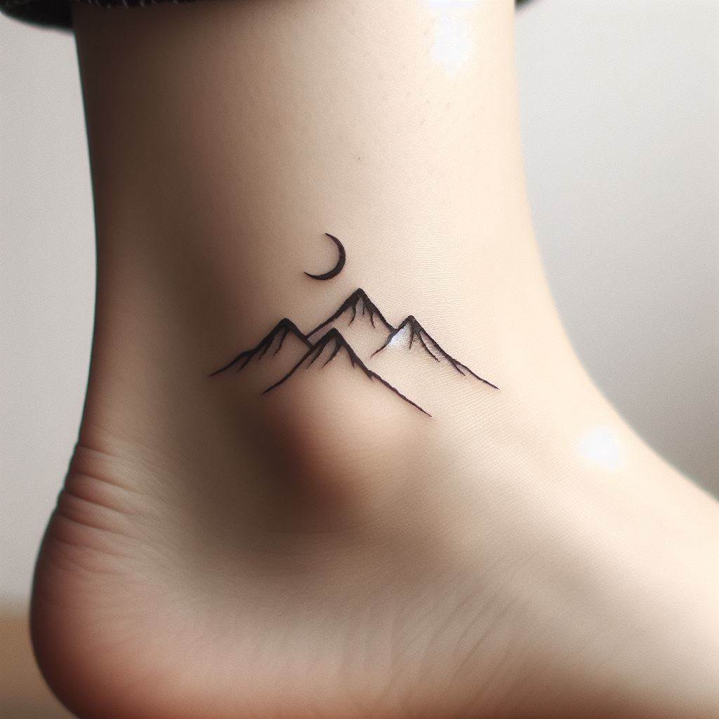 A minimalist mountain range tattoo, with crisp, clean lines, located on the outer side of an ankle. The mountains should vary in size to create depth, and the smallest peak is adorned with a tiny crescent moon. The style is elegant and simple, suitable for a first tattoo, emphasizing the beauty of nature in a subtle yet meaningful way.