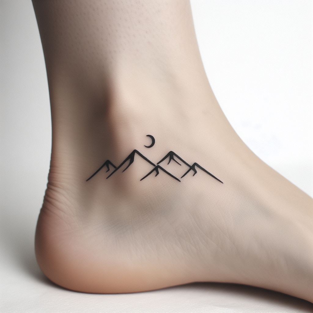 A minimalist mountain range tattoo, with crisp, clean lines, located on the outer side of an ankle. The mountains should vary in size to create depth, and the smallest peak is adorned with a tiny crescent moon. The style is elegant and simple, suitable for a first tattoo, emphasizing the beauty of nature in a subtle yet meaningful way.