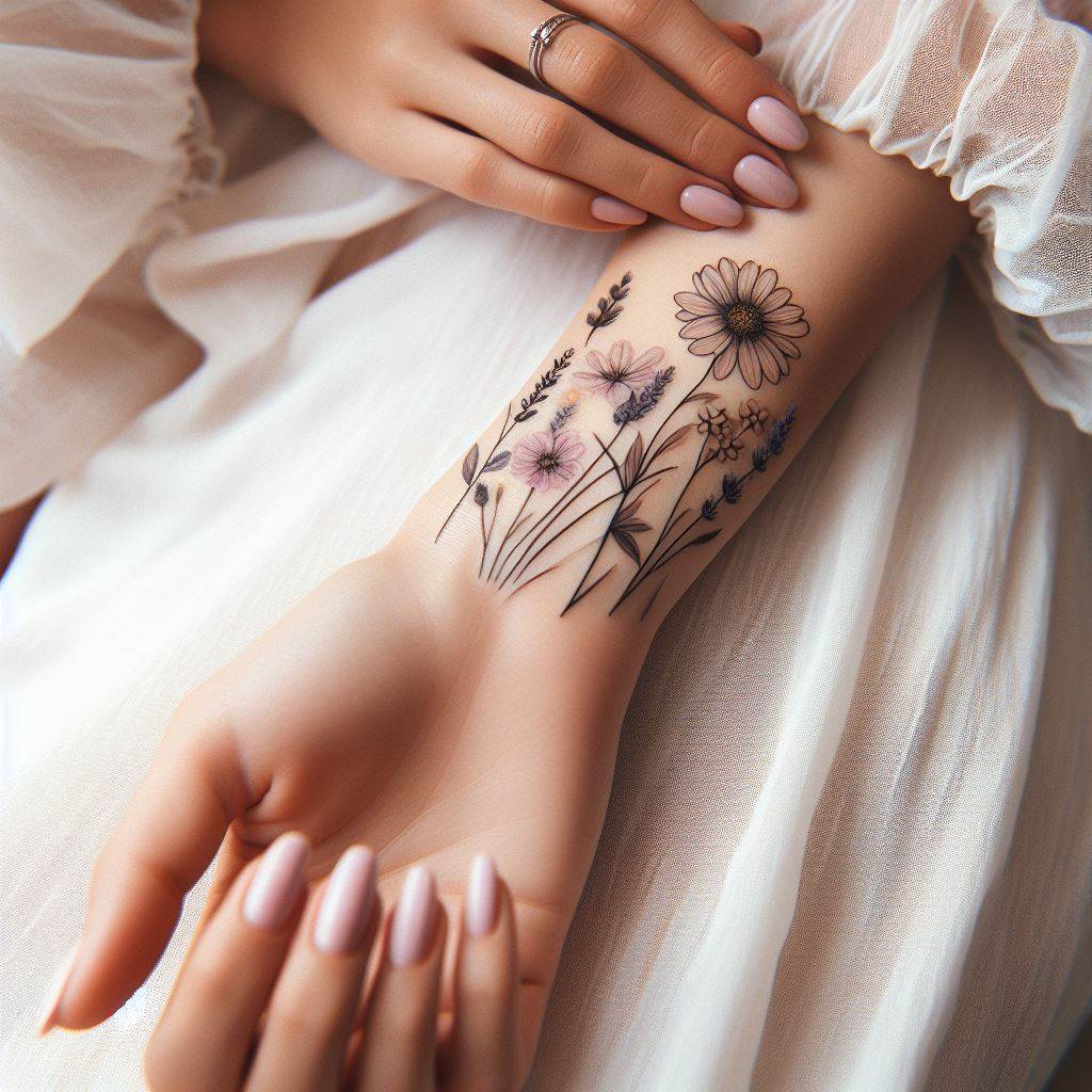 A delicate floral tattoo that wraps gracefully around the wrist like a bracelet. The flowers should be a mix of wildflowers, including daisies and lavender, with fine lines and a splash of soft pastel colors. This tattoo combines elegance with a touch of whimsy, ideal for a feminine and stylish first tattoo.