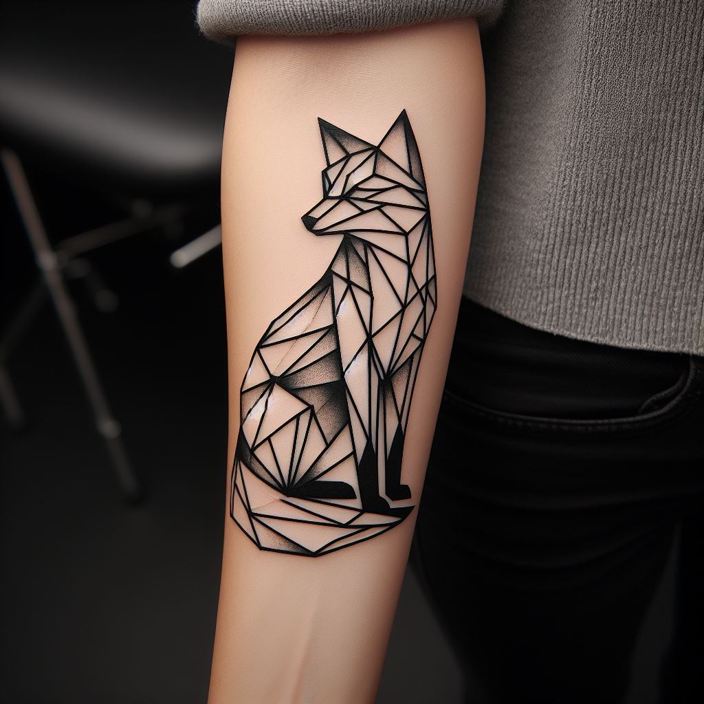 A geometric fox tattoo, composed of sharp, angular lines to form the outline of a fox sitting calmly. The tattoo is located on the forearm, visible yet sophisticated. The design uses a combination of empty space and solid black lines to create contrast, making it a striking first tattoo that symbolizes cleverness and adaptability.