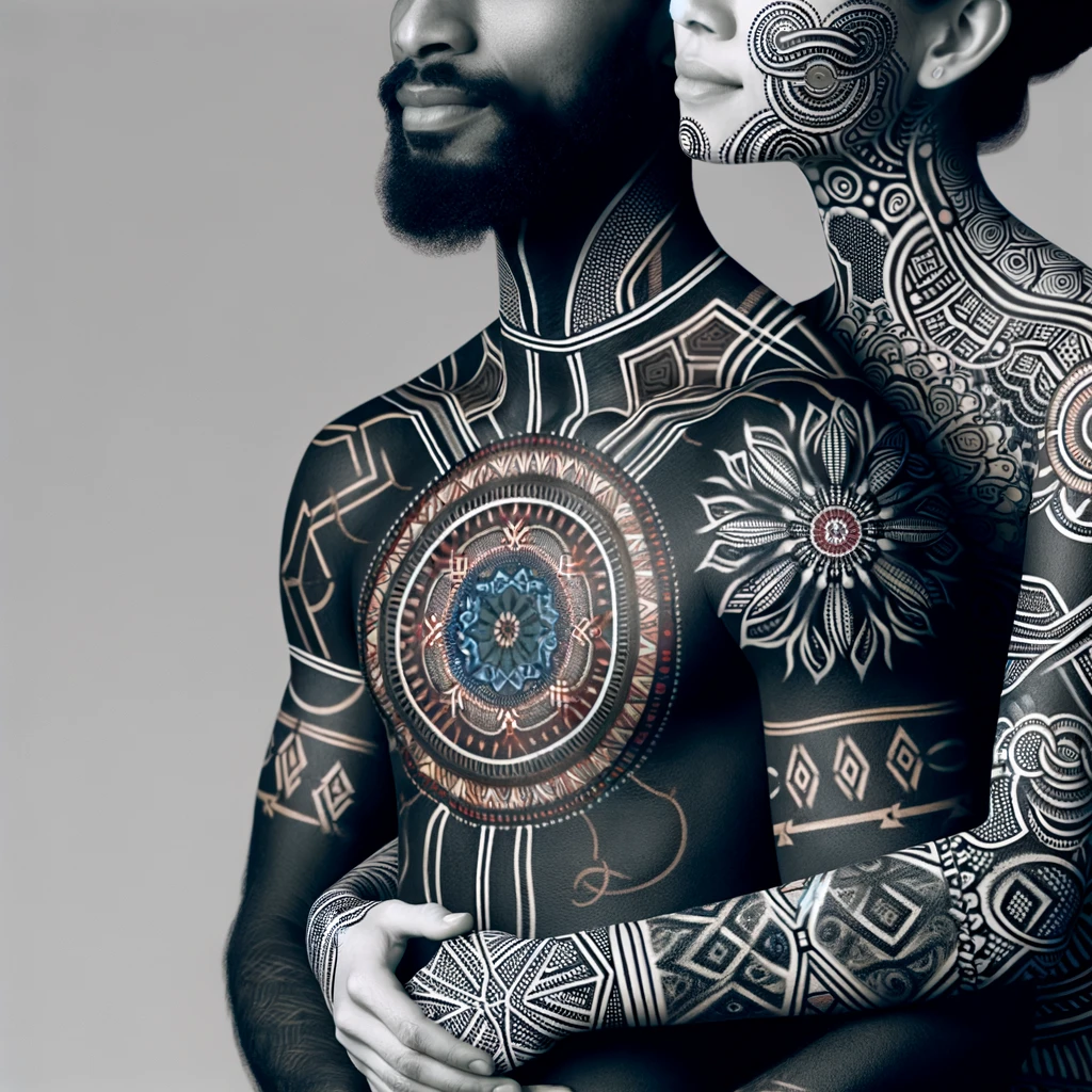 A photo of a couple with matching or interlocking designs, symbolizing complementary patterns. The couple stands close together, their bodies adorned with intricate patterns that connect and complete each other's designs, creating a harmonious and intertwined visual effect. The artwork should evoke a sense of unity and connection, with a focus on the beauty of their combined artistry.