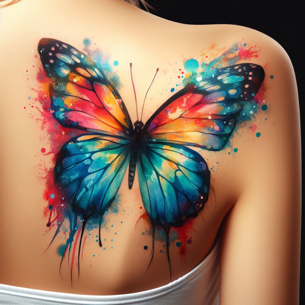 A vibrant watercolor butterfly tattoo on the shoulder, with wings spread. The colors blend seamlessly into each other, creating a lively and dynamic effect that mimics the natural beauty of butterfly wings. This tattoo should convey transformation and freedom, making it a meaningful choice for a first tattoo.