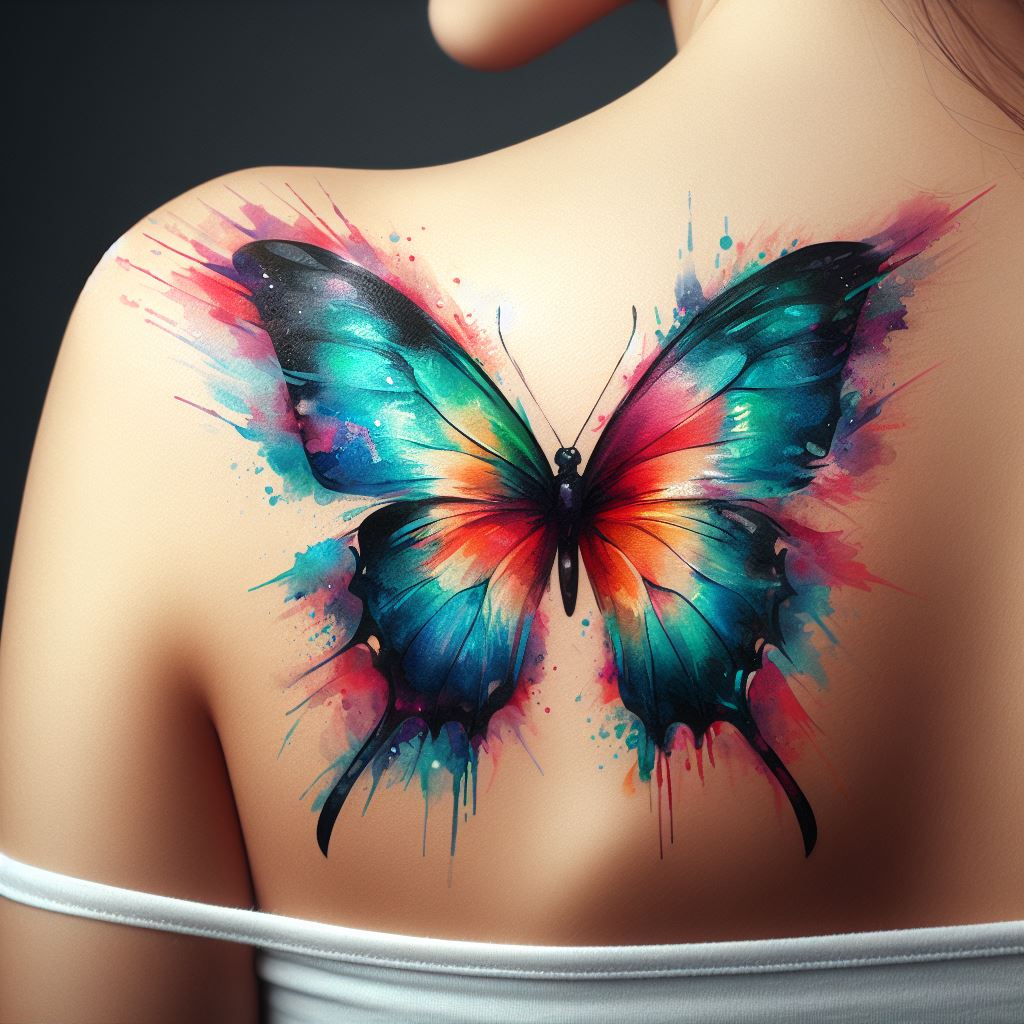 A vibrant watercolor butterfly tattoo on the shoulder, with wings spread. The colors blend seamlessly into each other, creating a lively and dynamic effect that mimics the natural beauty of butterfly wings. This tattoo should convey transformation and freedom, making it a meaningful choice for a first tattoo.