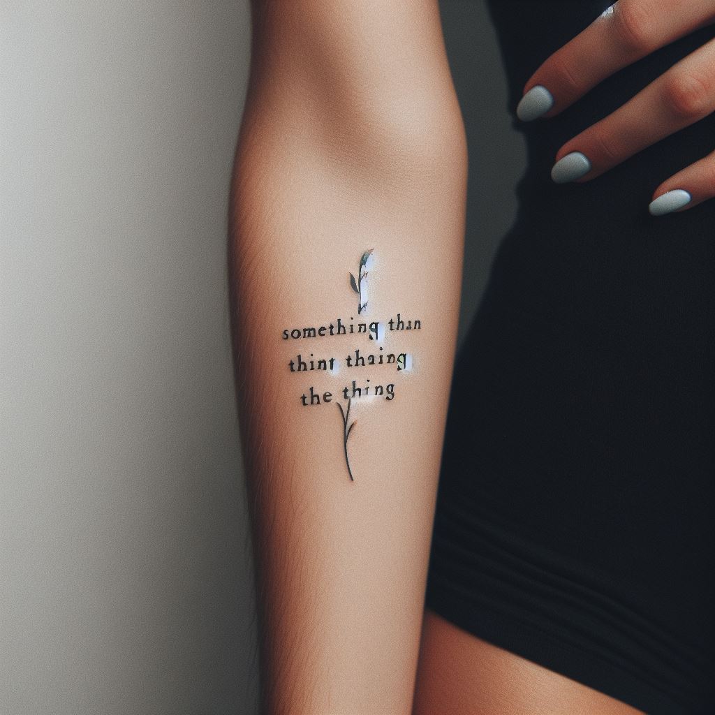 A small, meaningful quote tattooed in a simple, elegant font on the inner arm, just below the elbow. The quote should be something personal and inspiring, written in black ink to keep the focus on the words themselves. This tattoo idea is perfect for those who want to carry a personal mantra with them.