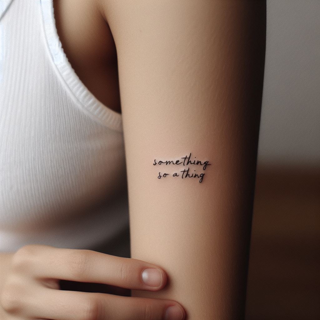 A small, meaningful quote tattooed in a simple, elegant font on the inner arm, just below the elbow. The quote should be something personal and inspiring, written in black ink to keep the focus on the words themselves. This tattoo idea is perfect for those who want to carry a personal mantra with them.