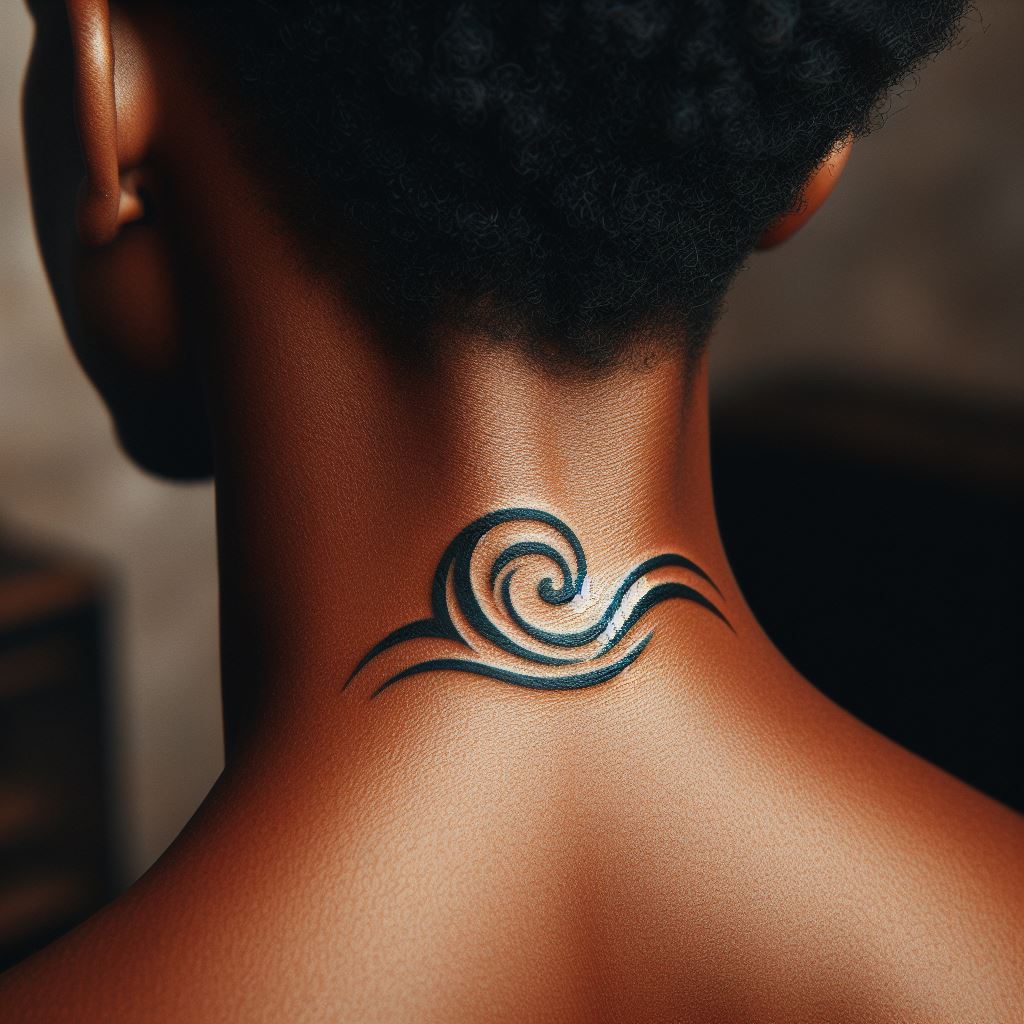 A small, stylized ocean wave tattoo on the back of the neck, just below the hairline. The wave is designed with clean, flowing lines that suggest movement and fluidity, capturing the essence of the ocean in a simple yet captivating design. This tattoo is ideal for someone who feels a deep connection to the sea.