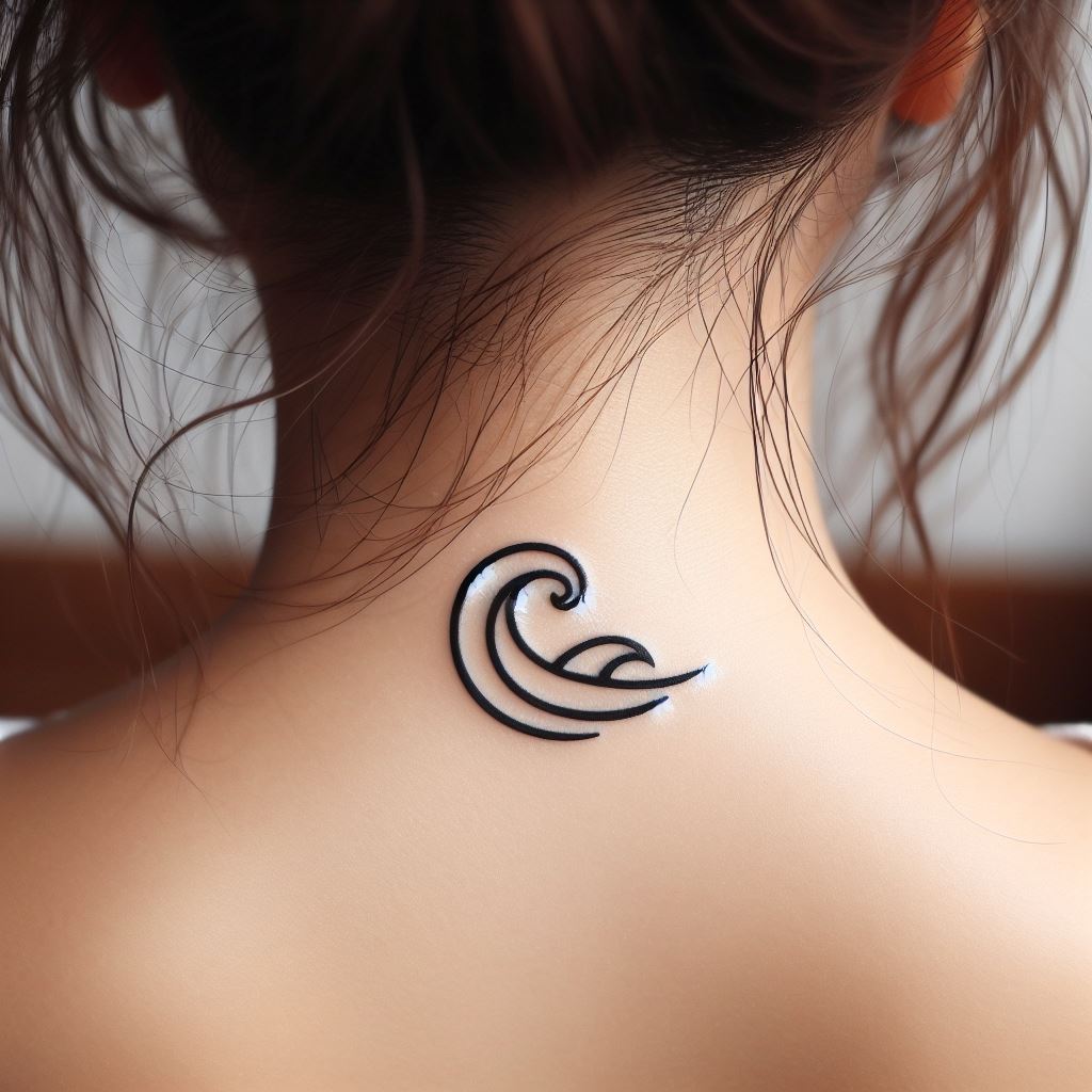 A small, stylized ocean wave tattoo on the back of the neck, just below the hairline. The wave is designed with clean, flowing lines that suggest movement and fluidity, capturing the essence of the ocean in a simple yet captivating design. This tattoo is ideal for someone who feels a deep connection to the sea.