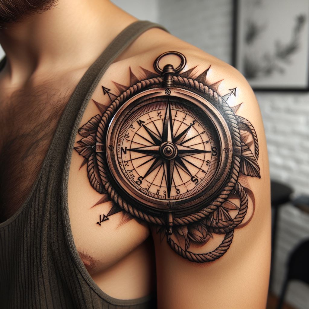 A classic compass design tattoo on the upper arm, featuring traditional nautical elements with a modern twist. The compass should have detailed markings for direction and be surrounded by a circular rope border. This tattoo symbolizes guidance, direction, and an adventurous spirit, making it an impactful choice for a first tattoo.