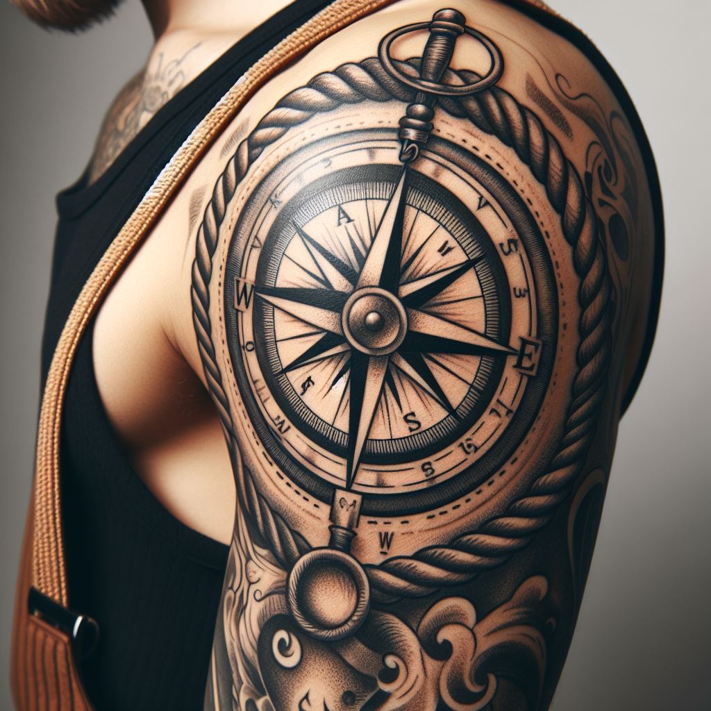 A classic compass design tattoo on the upper arm, featuring traditional nautical elements with a modern twist. The compass should have detailed markings for direction and be surrounded by a circular rope border. This tattoo symbolizes guidance, direction, and an adventurous spirit, making it an impactful choice for a first tattoo.
