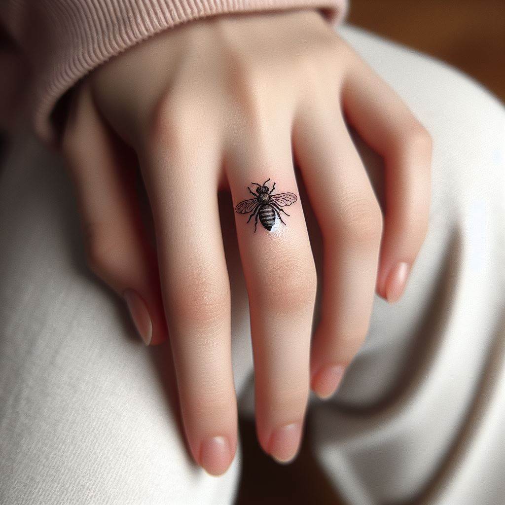 A tiny, detailed bee tattoo on the side of one finger, near the base. The bee should be depicted in mid-flight with its wings delicately detailed, symbolizing hard work, dedication, and community. This small tattoo is subtle yet meaningful, perfect for someone looking for a discreet first tattoo.
